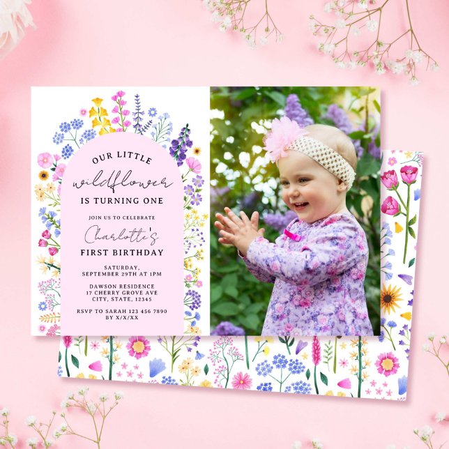 Convites Foto do primeiro aniversario da Little Wildflower  (Little Wildflower Baby Girl 1st Birthday Photo Invitation)