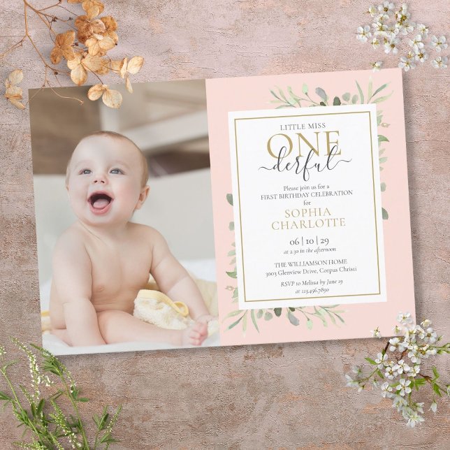 Convites Foto do primeiro aniversario da Menina Rosa Midinh (Little Miss ONEderful Pink Girl 1st Birthday Photo Invitation)