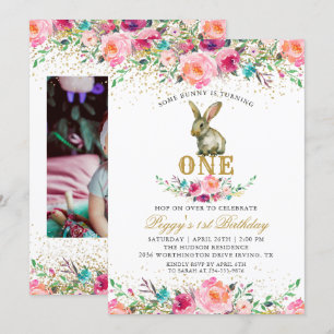 Convites Foto do primeiro aniversario de Bunny Floral Belo 
