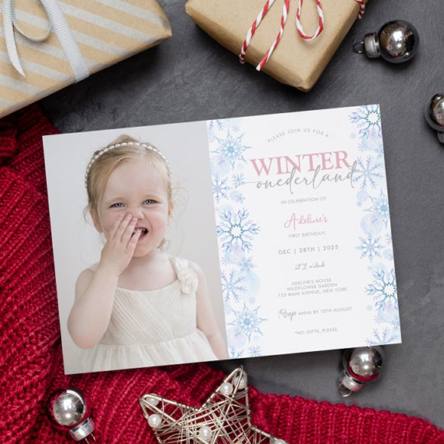 Convites Foto do primeiro aniversario de floco de neve de i (1st birthday girl invitations winter theme first birthday winter onederland cute with photo digital)