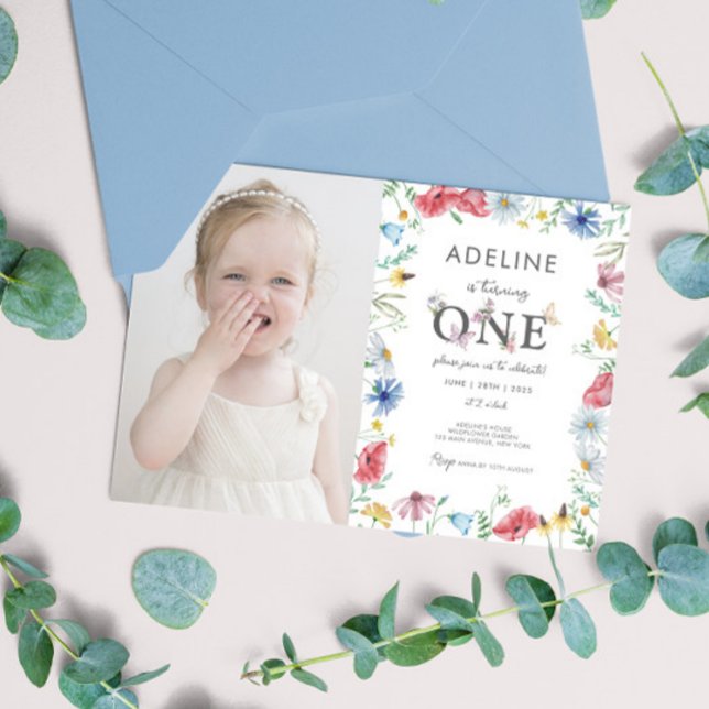 Convites Foto do primeiro aniversario de Garota do Tema de  (Wildflower Wild One Baby Girl Photo Digital Printable Invitations Personalized Picture Download)