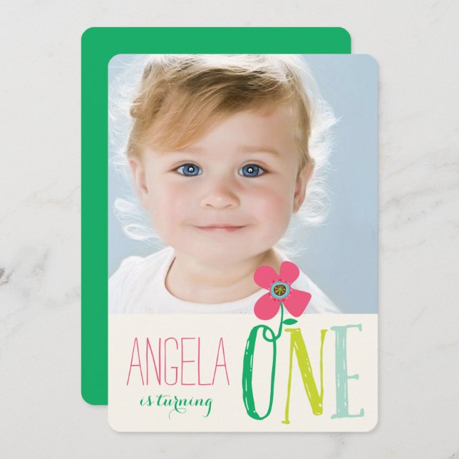 Convites Foto do primeiro aniversario de Pop de margarida r (Frente/Verso)