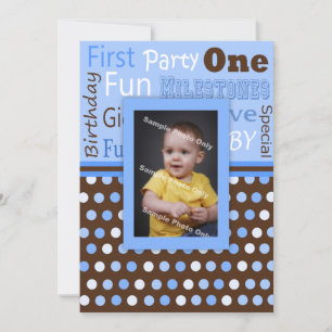 Convites Foto do Primeiro Aniversário do Bebê Bolinhas Az