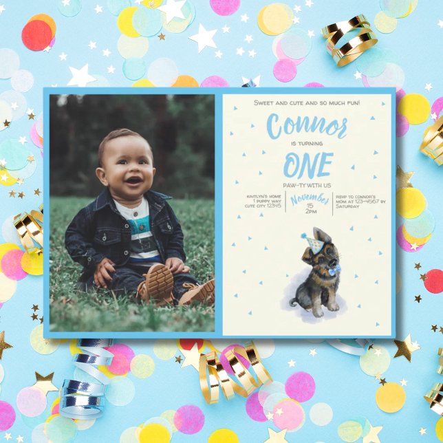 Convites Foto do primeiro aniversário do German shepherd Pu (Puppy 🐶 German Shepherd First Birthday Photo Invitation)