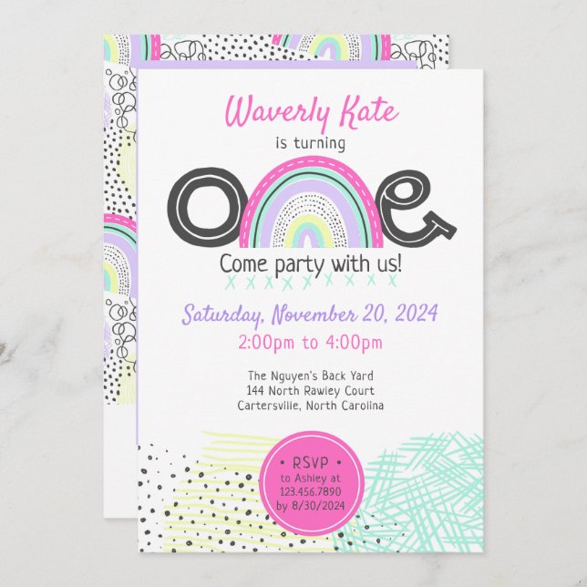 Convites Foto do primeiro aniversario do Rainbow Baby Girl  (Frente/Verso)
