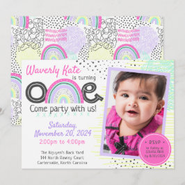 Convites Foto do primeiro aniversario do Rainbow Baby Kawai