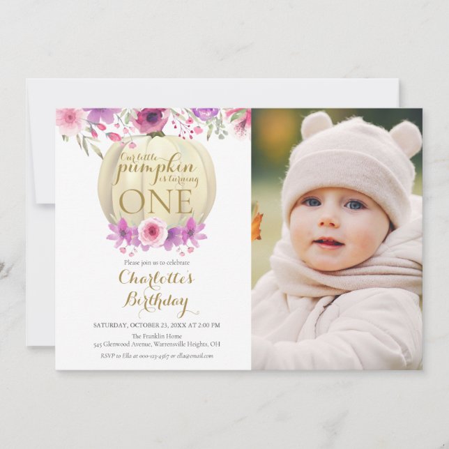 Convites Foto do primeiro aniversario Floral Little Pumpkin (Frente)