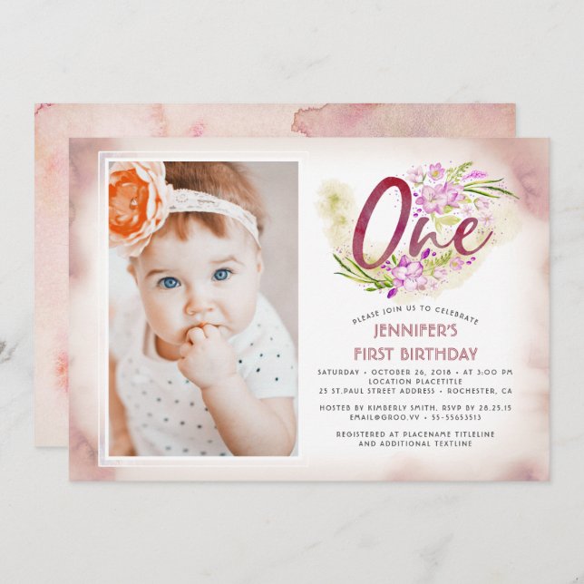 Convites Foto do primeiro aniversario Floral Rosa (Frente/Verso)