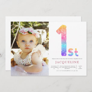 Convites Foto do primeiro aniversario Girls Rainbow