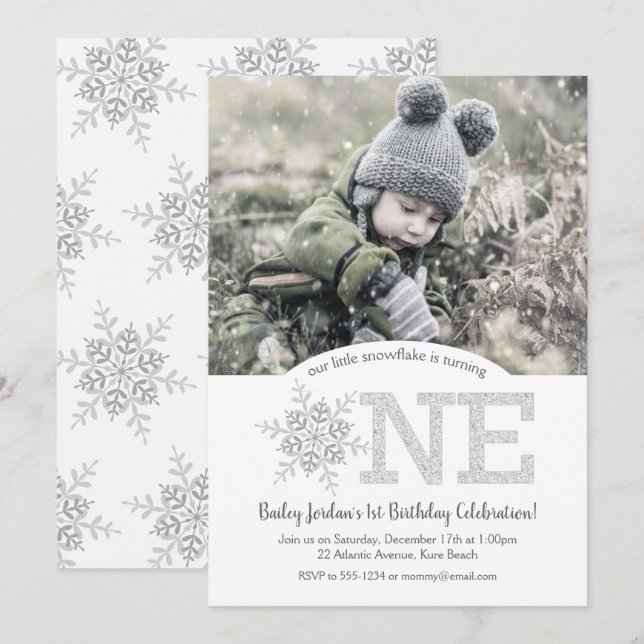 Convites Foto do primeiro aniversario Glitter Silver Pequen (Frente/Verso)