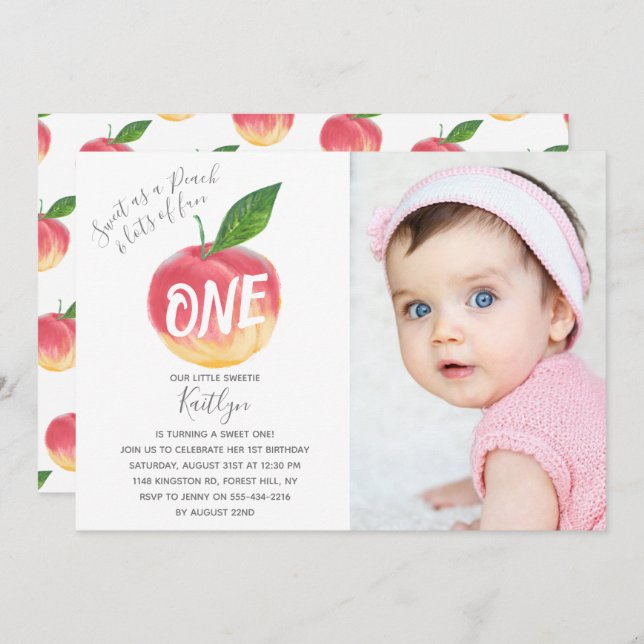 Convites Foto do primeiro aniversario Peach doce (Frente/Verso)