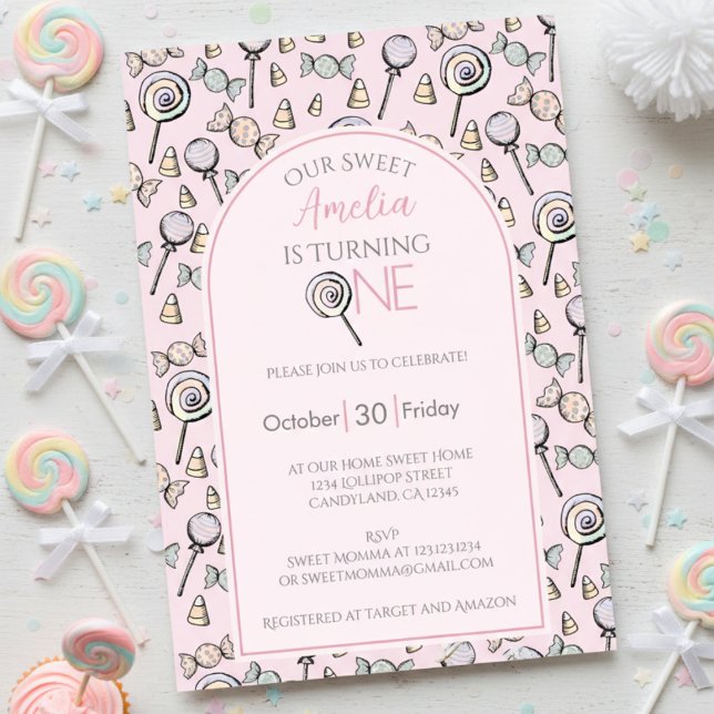 Convites Foto do Primeiro Aniversário Pink Candy (Pink Sweet One Baby Girl Birthday Invitations. Lollipop & Candy Pattern for Cute Kids Birthday Party)