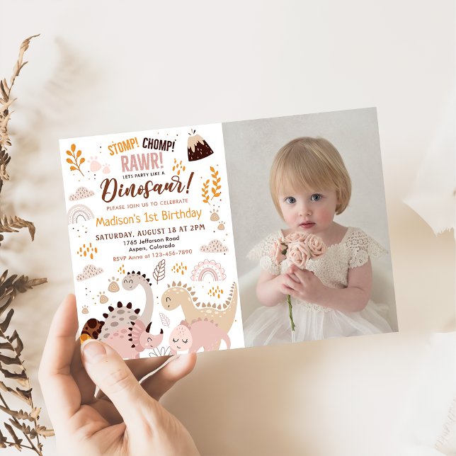 Convites Foto do primeiro aniversario Rawr do Dinosaur Stom (Criador carregado)