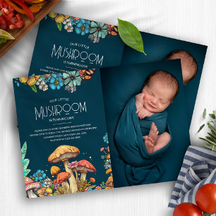 Convites Foto do primeiro aniversario Rustic Woodland Mushr