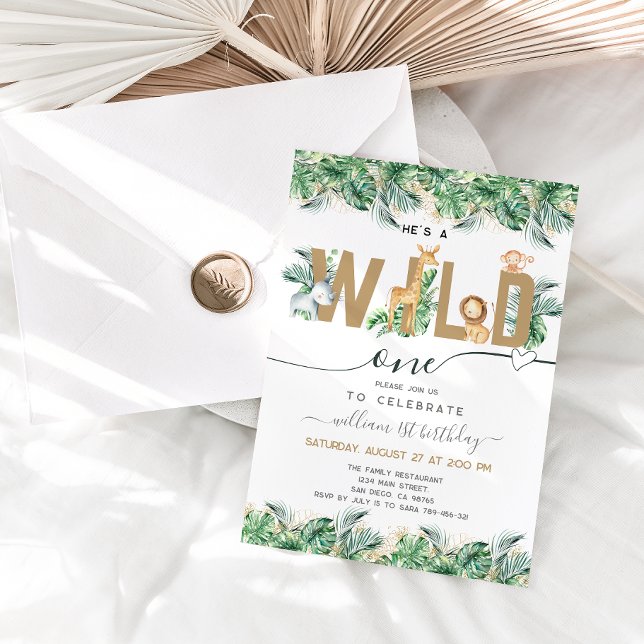 Convites Foto do primeiro aniversario Safari Greenery Wild  (Criador carregado)