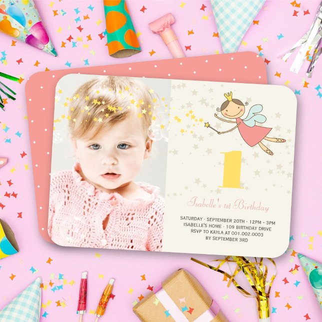 Convites Foto do primeiro aniversario Whimsical Fairy Princ (Whimsical Pink Magical Fairy Princess Girl's 1st Birthday Party Photo Invitation @ fat_fa_tin)