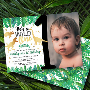 Convites Foto do primeiro aniversario Wild One Dinosaur Boy