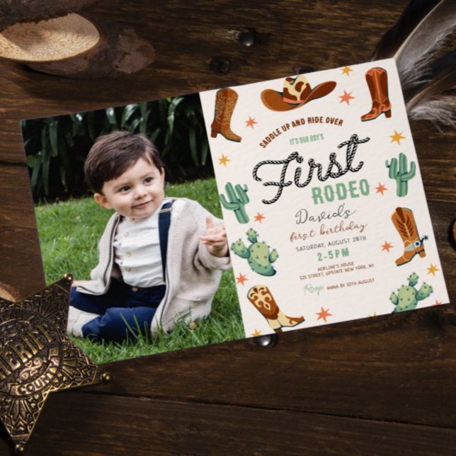 Convites Foto do primeiro aniversario Wild West Boy (Baby Boy first rodeo wild west invitation cowboy photo invitation digital editable template cute)