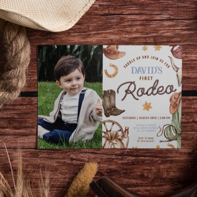 Convites Foto do primeiro aniversario Wild West First rodeo (Boy 1st Birthday Cowboy Wild West Printable Digital Download Invitations template)
