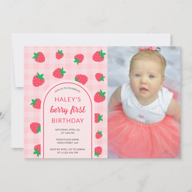 Convites Foto do Primeiro primeiro aniversario Strawberry C (Frente)