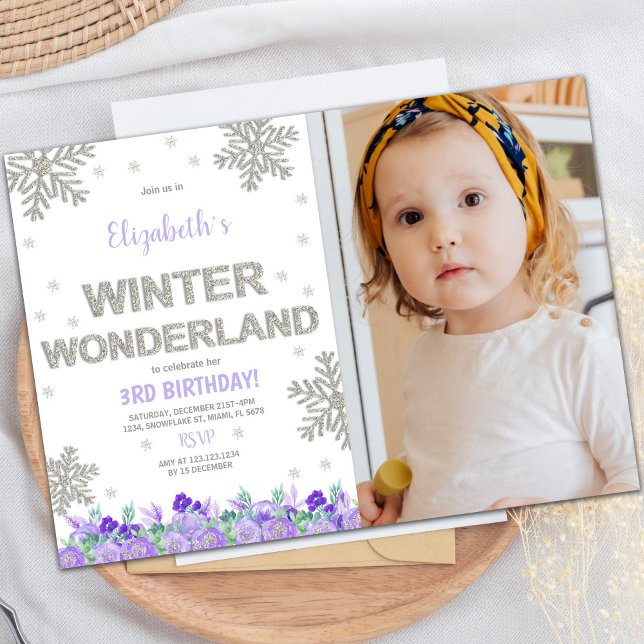 Convites Foto do Purple Floral Winter Wonderland Invants (Purple Floral Winter Wonderland Invitations photo)
