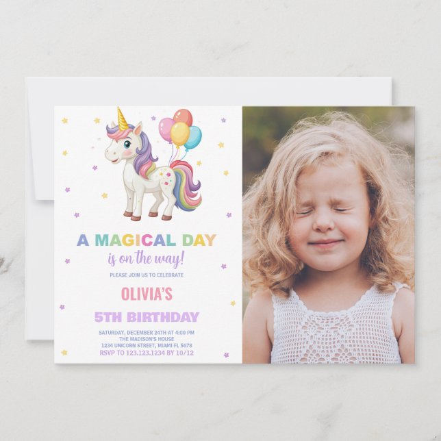 Convites Foto do Rainbow Balloon Unicorn Birthday Invtions (Frente)