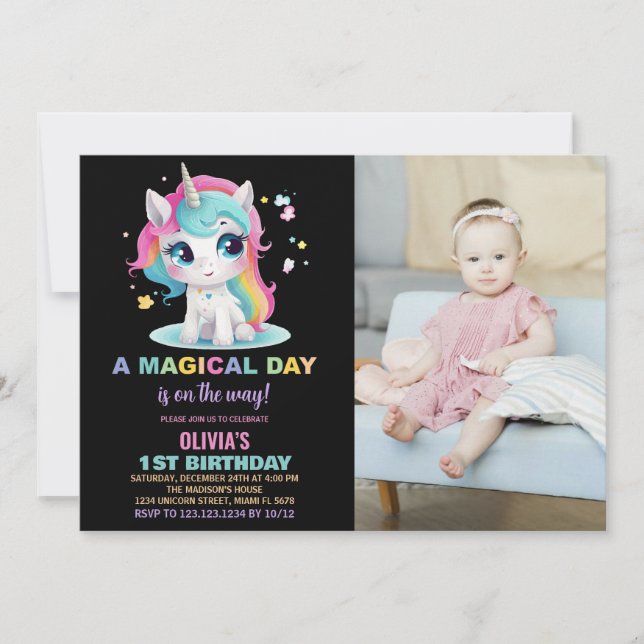 Convites Foto do Rainbow Black Unicorn Birthday Invtions (Frente)