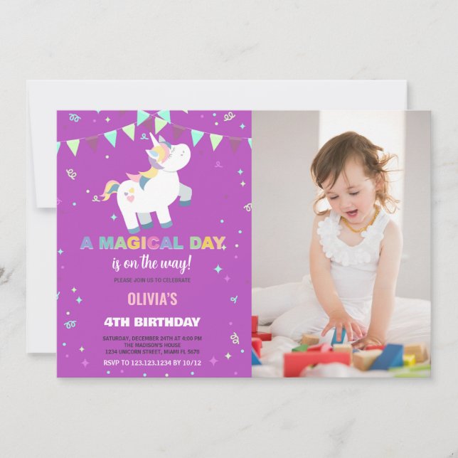 Convites Foto do Rainbow Fly Unicorn Birthday Invances (Frente)