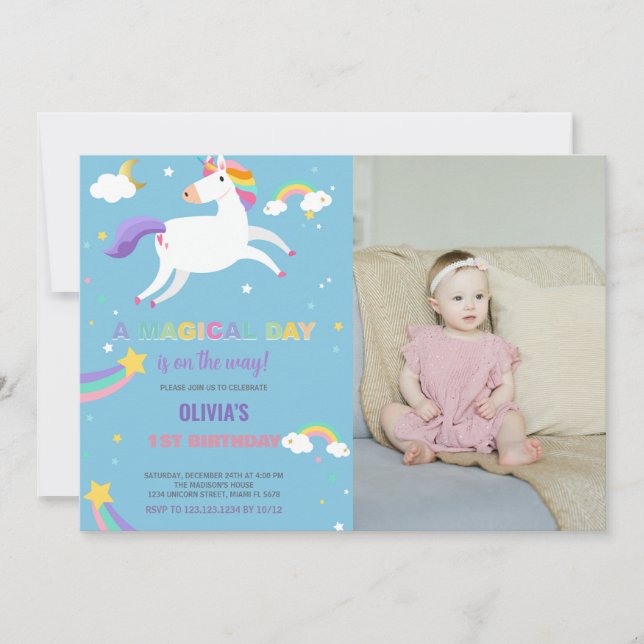 Convites Foto do Rainbow Fly Unicorn Birthday Invances (Frente)