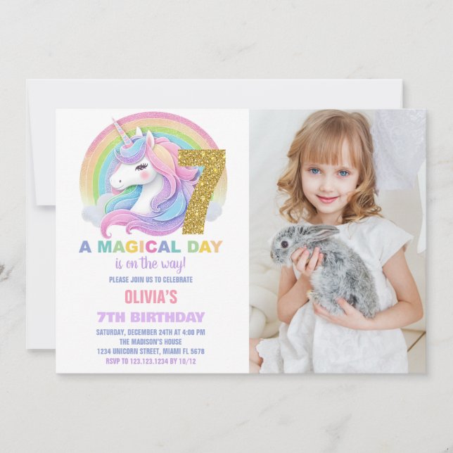Convites Foto do Rainbow Glitter Unicorn Birthday Invances (Frente)
