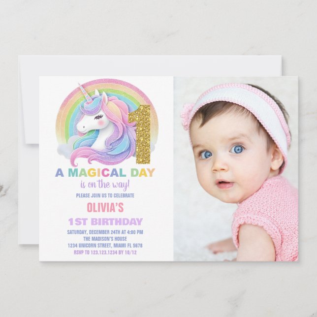 Convites Foto do Rainbow Glitter Unicorn Birthday Invances (Frente)