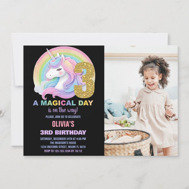 Convites Foto do Rainbow Glitter Unicorn Birthday Invances (Frente)