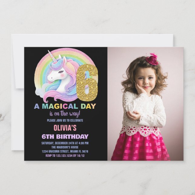 Convites Foto do Rainbow Glitter Unicorn Birthday Invances (Frente)