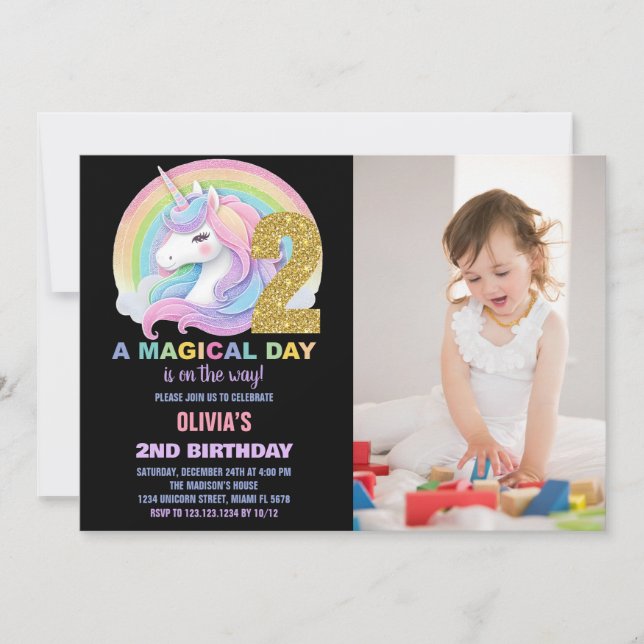 Convites Foto do Rainbow Glitter Unicorn Birthday Invances (Frente)