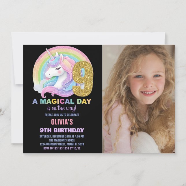 Convites Foto do Rainbow Glitter Unicorn Birthday Invances (Frente)