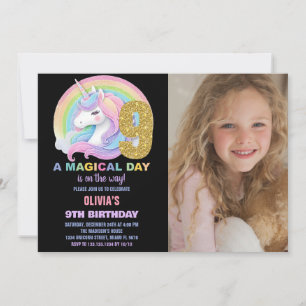 Convites Foto do Rainbow Glitter Unicorn Birthday Invances