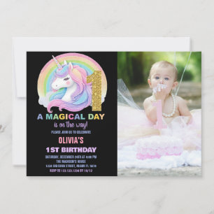 Convites Foto do Rainbow Glitter Unicorn Birthday Invances