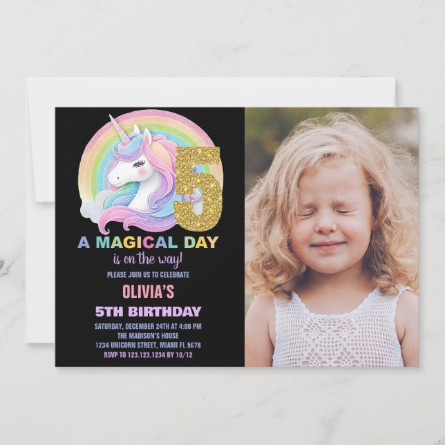 Convites Foto do Rainbow Glitter Unicorn Birthday Invances (Frente)