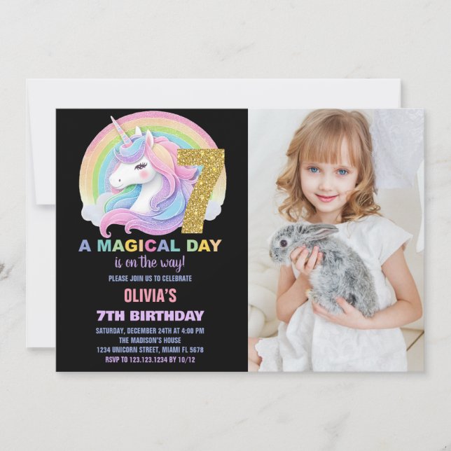 Convites Foto do Rainbow Glitter Unicorn Birthday Invances (Frente)