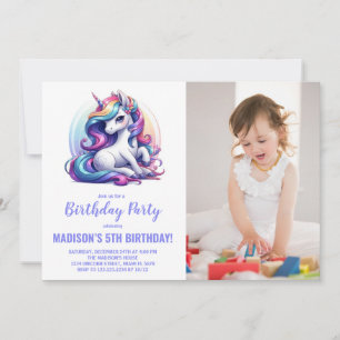 Convites Foto do Rainbow Purple Unicorn Birthday Invances