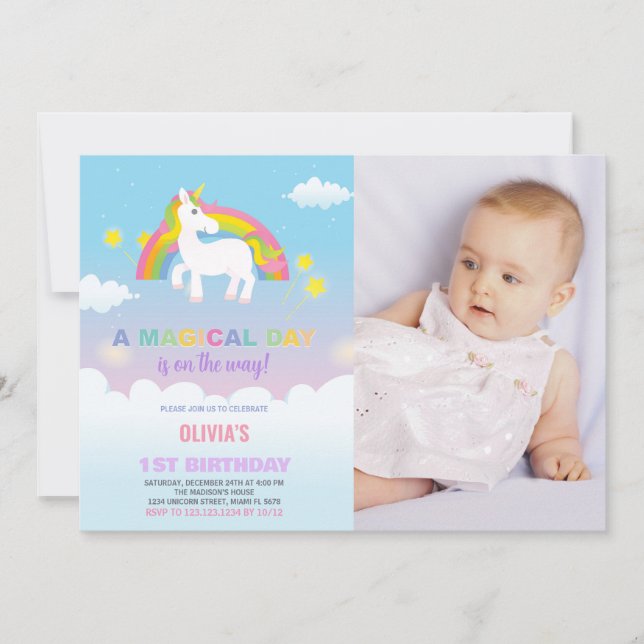 Convites Foto do Rainbow Unicorn Birthday Invances (Frente)