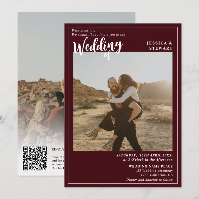 Convites Foto do roteiro de casamento vermelho-preto Qr (Frente/Verso)