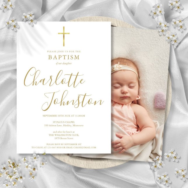 Convites Foto do Script de Assinatura do Ouro Baptism Chris (Baptism Christening Golden Signature Script Photo Invitation)