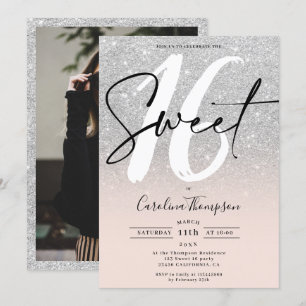 Convites Foto do script de borda de brilho prateado Sweet 1