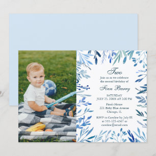 Convites Foto do segundo aniversário de Garoto Floral Azul