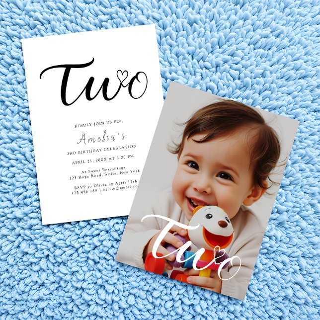 Convites Foto do segundo aniversário de Script Preto Minima (Criador carregado)