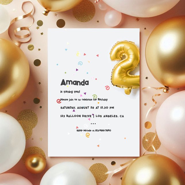 Convites Foto do segundo aniversário Gold Foil Balloon e Co (Gold Foil Balloon and Confetti 2nd Birthday Photo Invitation)