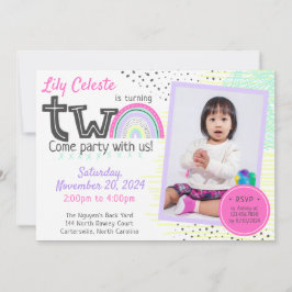 Convites Foto do segundo aniversário Kawaii Doodles da Rain