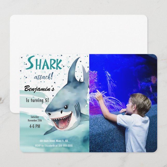 Convites Foto do Shark de Festa de aniversário 5 (Frente/Verso)