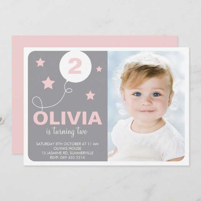 Convites Foto Do Sonhador, Rosa E Cinza, Foto De Aniversári (Frente/Verso)